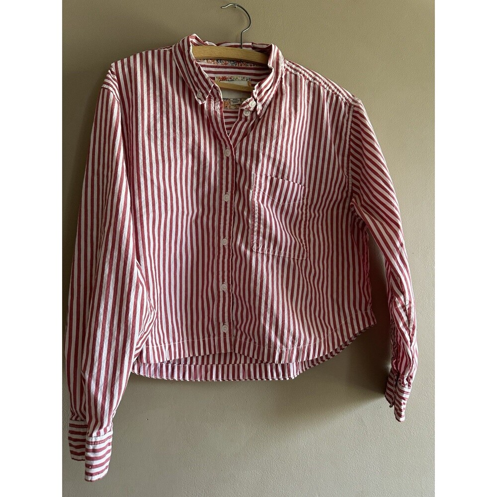 American Eagle Women's M Red White Stripe Long Sleeve Button Up Shirt Floral